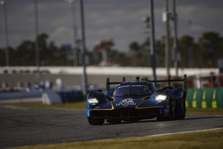 The No. 23 Aston Martin THOR Team Aston Martin GTP drives at Daytona.