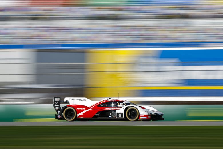The No. 6 Porsche Penske Motorsport Porsche drives at Daytona.