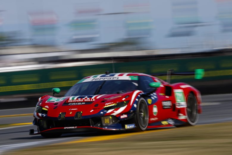 The No. 21 AF Corse Ferrari drives at Daytona.