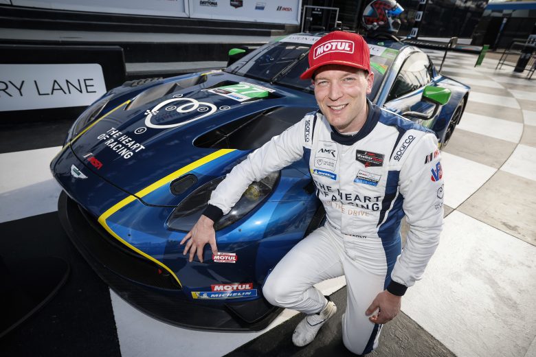 Zacharie Robichon celebrates after winning the GTD pole.