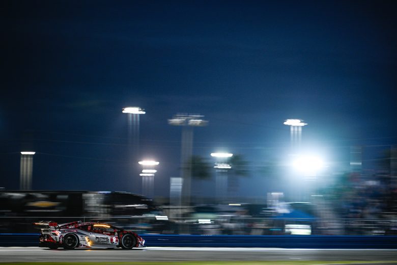 The No. 9 Pfaff Motorsports Lamborghini drives at Daytona.
