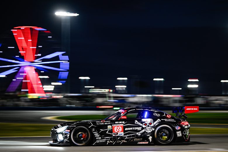 The No. 69 GetSpeed Mercedes drives at Daytona.