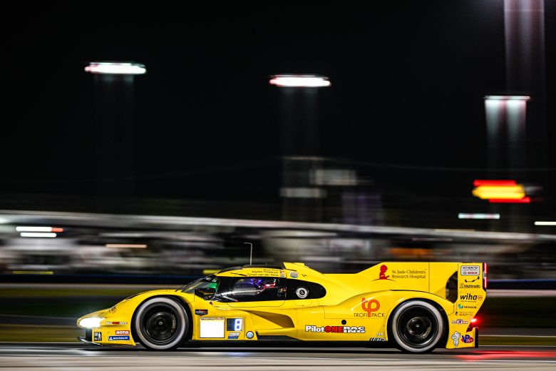 The No. 85 JDC-Miller MotorSports Porsche drives at Daytona.