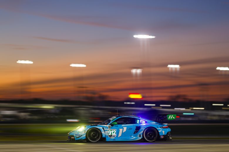 The No. 912 Manthey Porsche drives at Daytona.