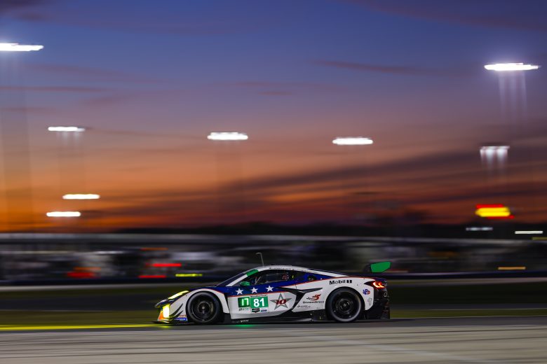 The No. 81 DragonSpeed Corvette drives at Daytona.
