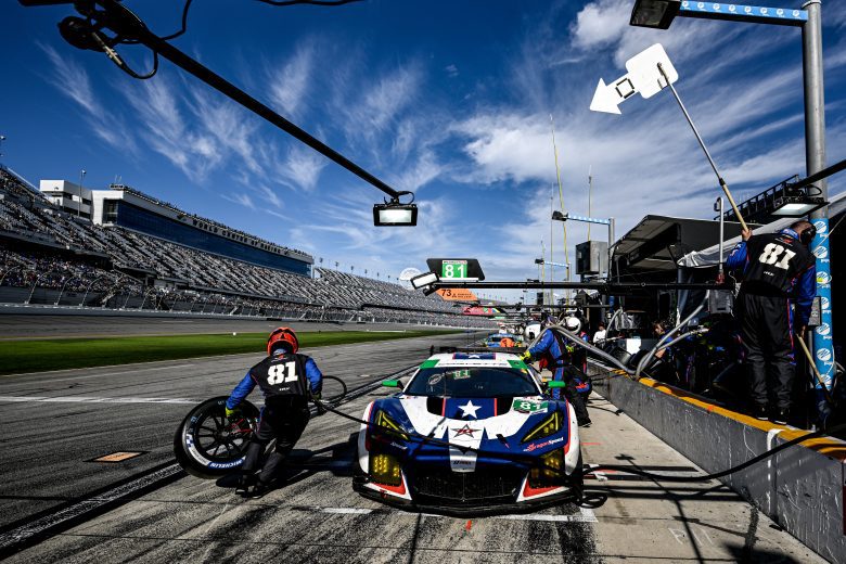 The No. 81 DragonSpeed Corvette pits at Daytona.