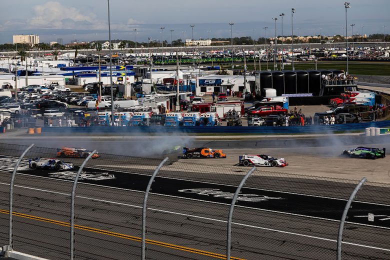 LMP2 cars crash at Daytona.