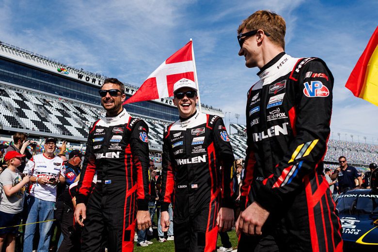 Earl Bamber, Connor Zilisch and Frederik Vesti look on at Daytona.