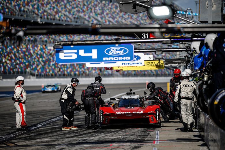 The No. 31 Cadillac pits at Daytona.