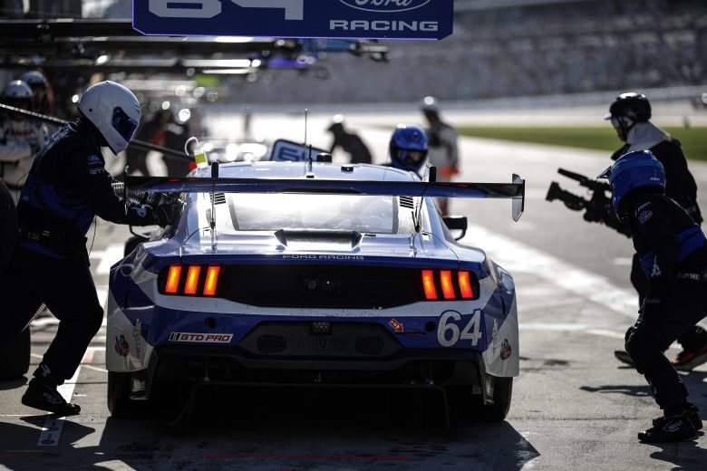 The No. 64 Ford pits at Daytona.