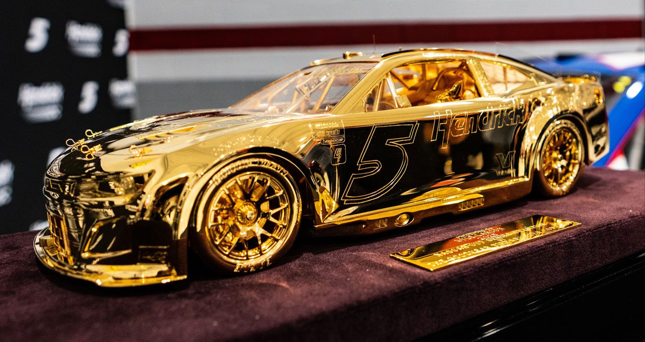 Goodyear gold car replica of the No. 5 Chevrolet driven by Kyle Larson.
