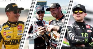Joe Gibbs Racing drivers Christopher Bell, Denny Hamlin, Chase Briscoe and Ty Gibbs in a split image.