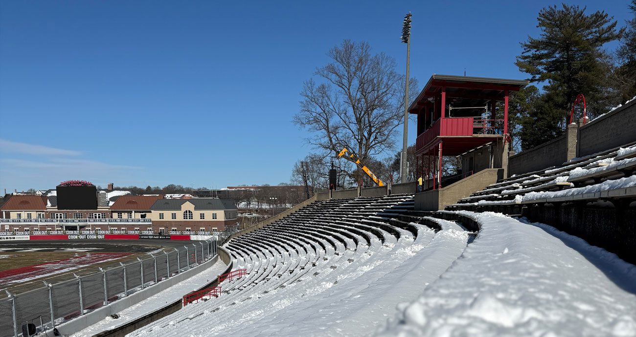 Snow covers Bowman Gray Stadium.