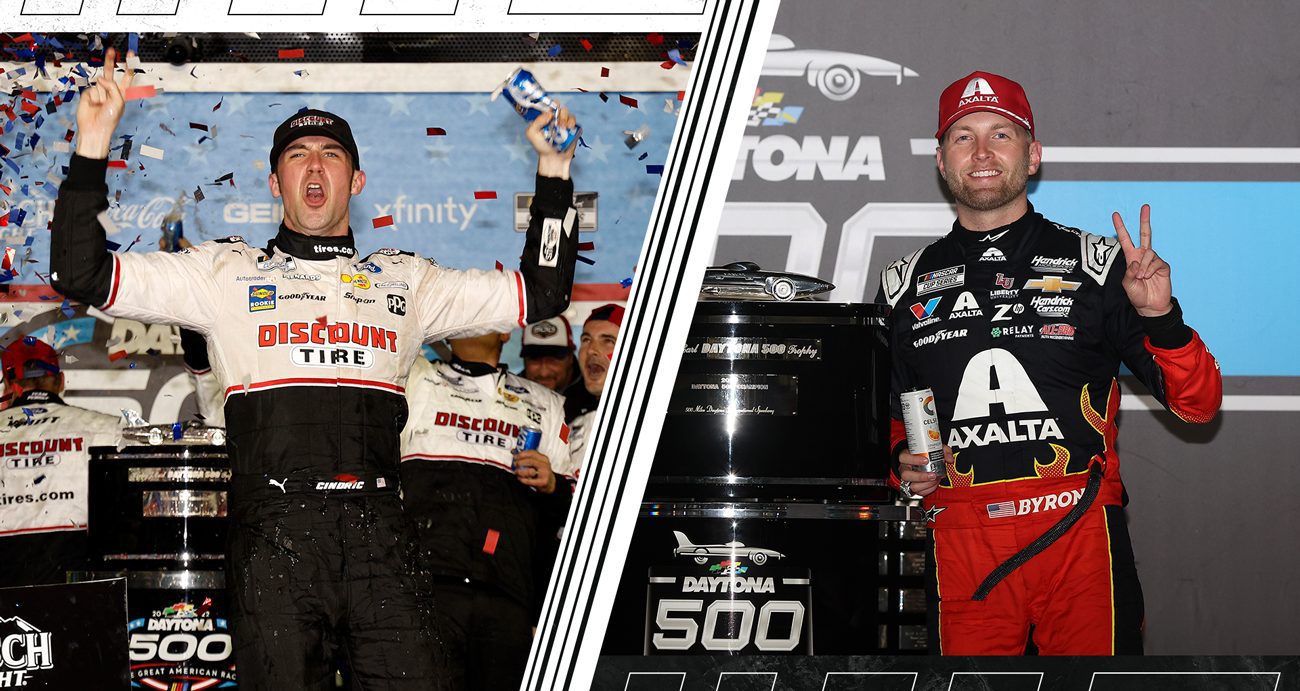 Austin Cindric celebrates his 2021 Daytona 500 win in the left-half portion of this graphic. On the right, William Byron stands by his 2025 Harley J. Earl Trophy holding up two fingers for his second Daytona 500 win.
