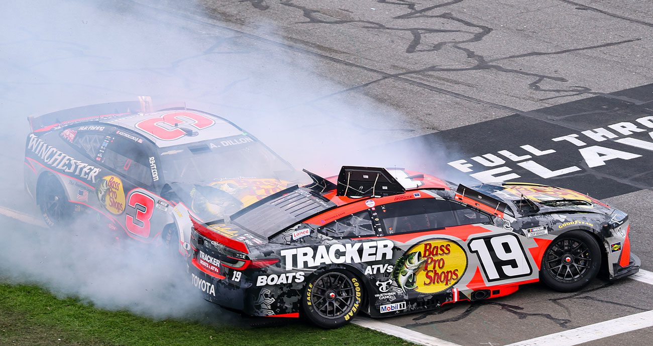 Austin Dillon in the No. 3 Chevrolet collides with the No. 19 Toyota of Chase Briscoe.