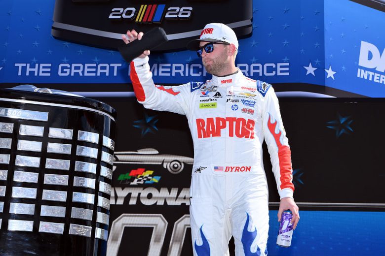 William Byron waves to the audience at Daytona.
