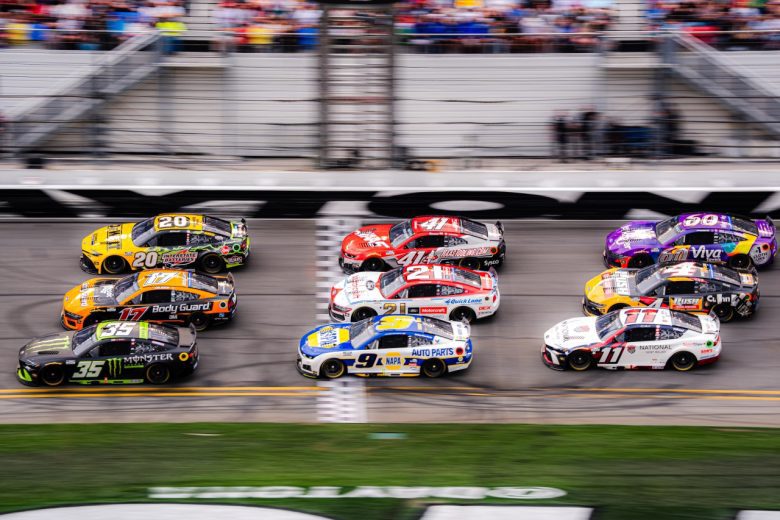NASCAR Cup Series cars race at Daytona.