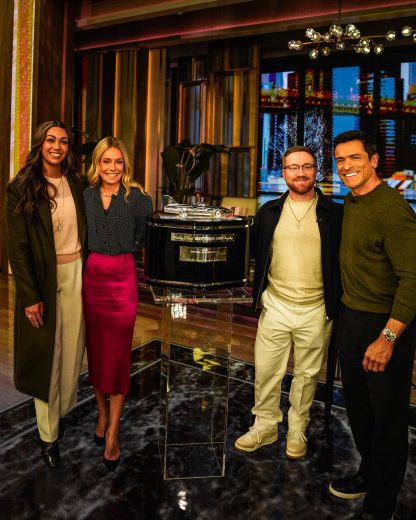 Tyler Reddick and wife Alexa pose with Kelly Ripa and Mark Consuelos.