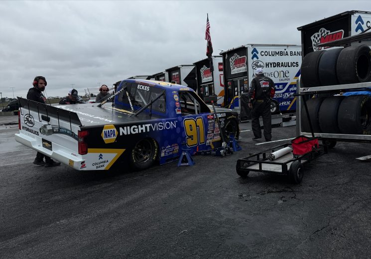 Christian Eckes sits in the garage.