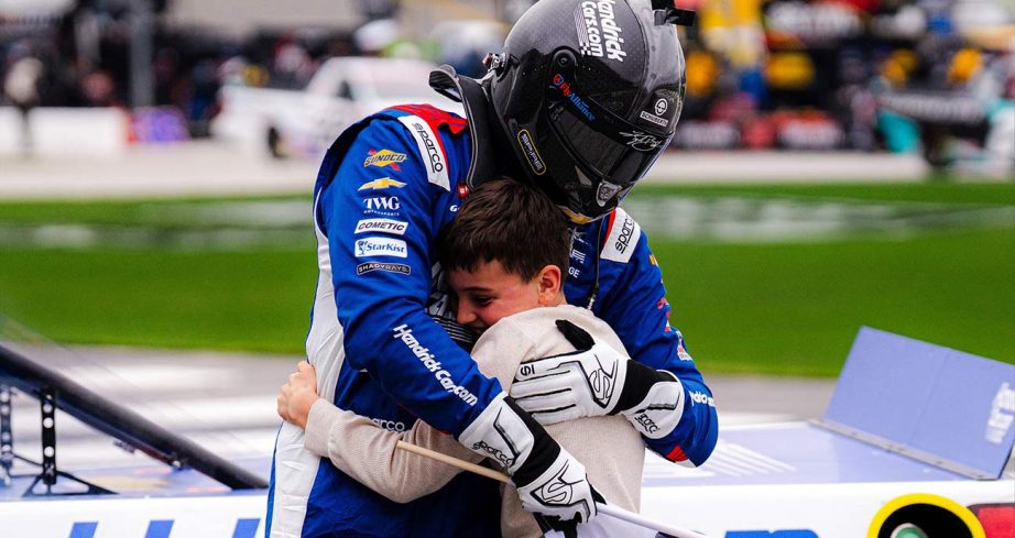 Kyle Busch celebrates with his son, Brexton, after winning in the Craftsman Truck Series at EchoPark Speedway