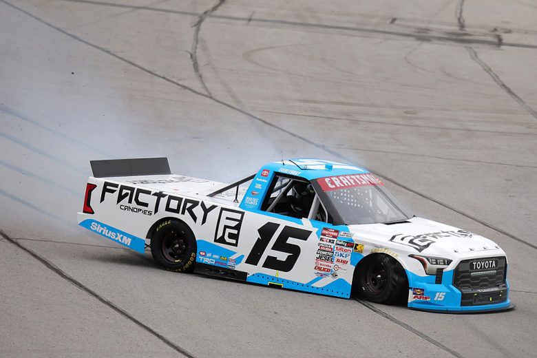 Tanner Gray spins at EchoPark Speedway.