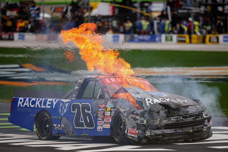 Dawson Sutton's truck on fire at EchoPark Speedway.