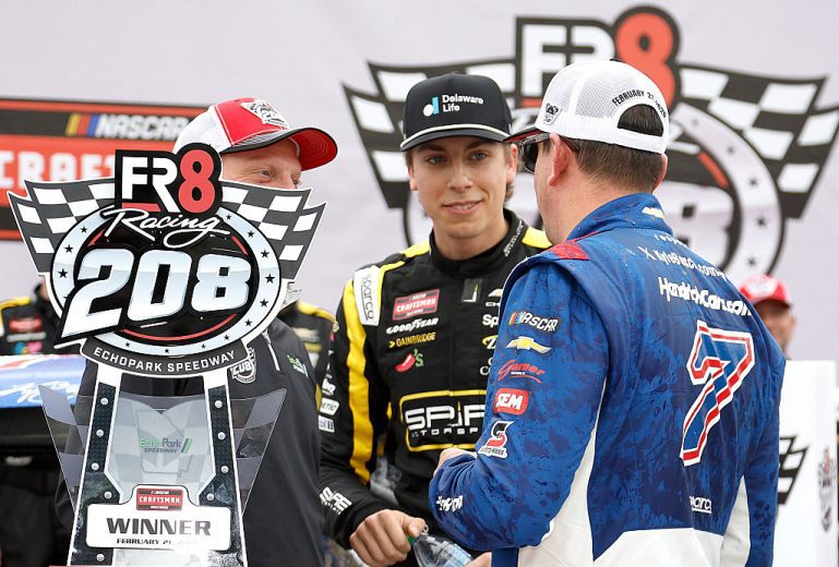 Carson Hocevar and Kyle Busch in Victory Lane at EchoPark Speedway.