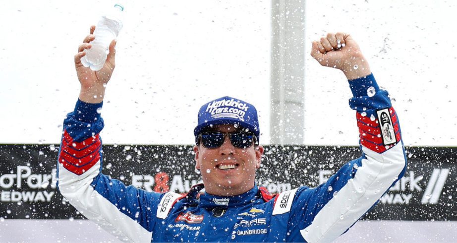 Kyle Busch celebrates in Victory Lane at EchoPark Speedway.