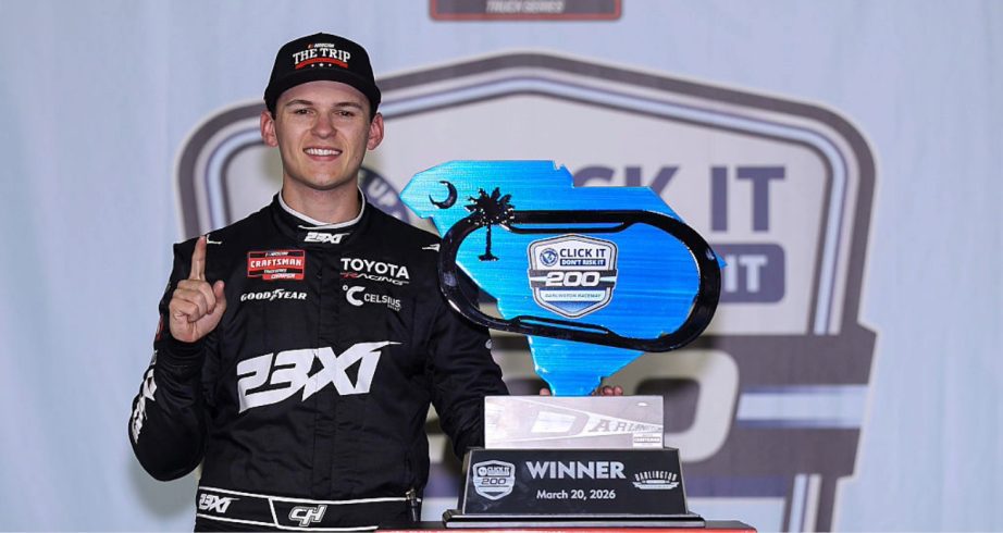 Corey Heim celebrates in Victory Lane at Darlington.