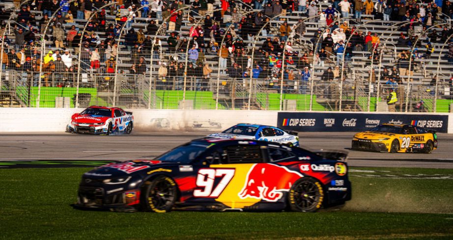A look at the No. 97 Trackhouse Racing Chevrolet wrecking at EchoPark Speedway as the No. 5 Hendrick Motorsports Chevrolet wrecks in the background.
