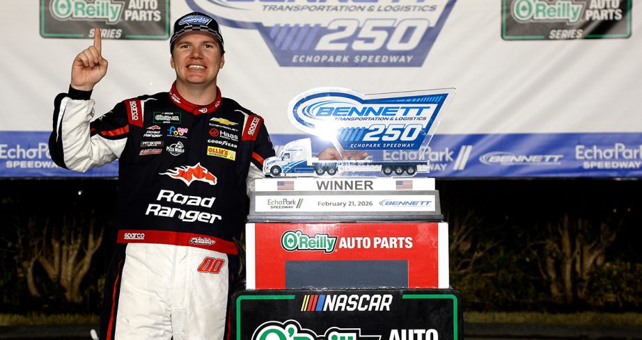 sheldon creed celebrates his echopark o'reilly auto parts series win