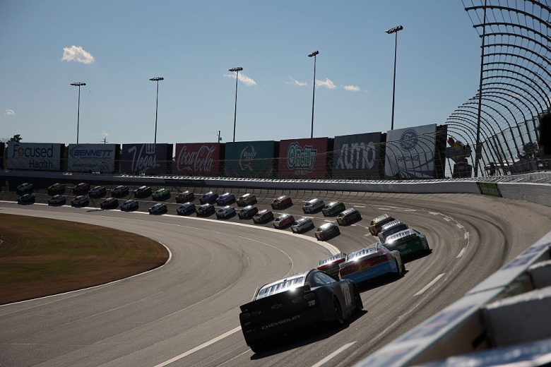 NASCAR Cup Series cars race at EchoPark Speedway.
