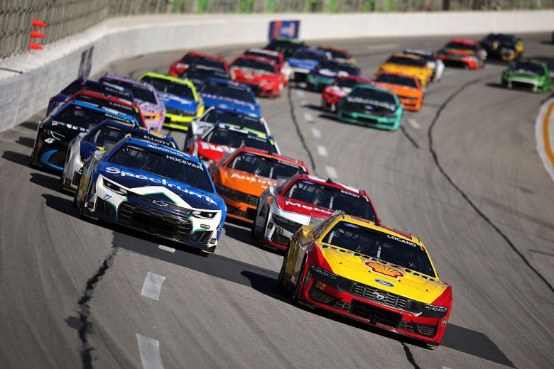NASCAR Cup Series cars race at EchoPark Speedway.