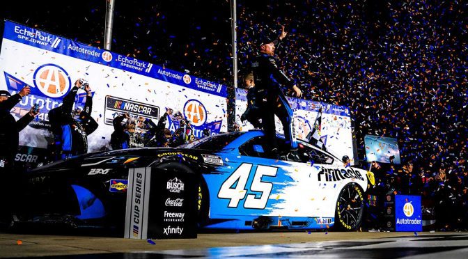 Featured image for Tyler Reddick rallies from multicar wreck, rolls to second win in a row in overtime at EchoPark