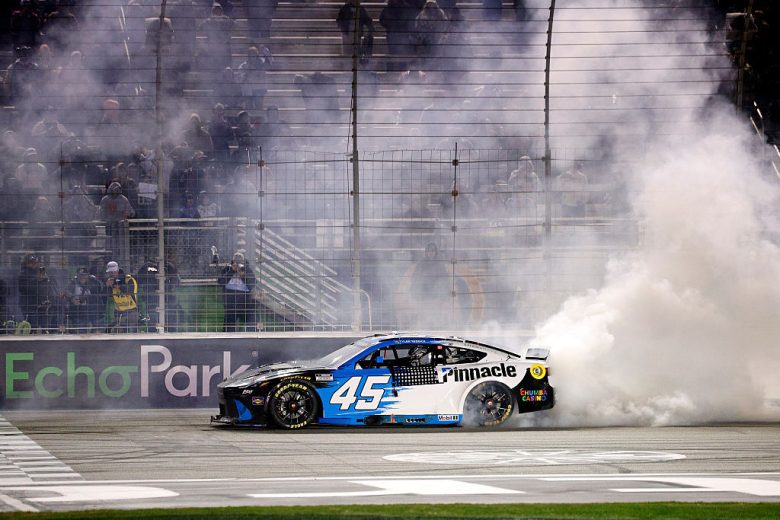 Tyler Reddick does a burnout in the No. 45 Toyota.