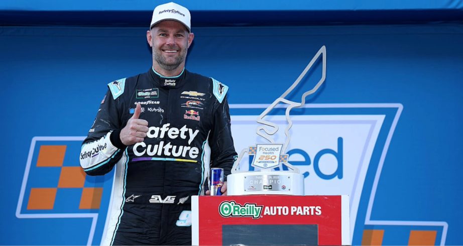 Shane van Gisbergen celebrates in Victory Lane at COTA.