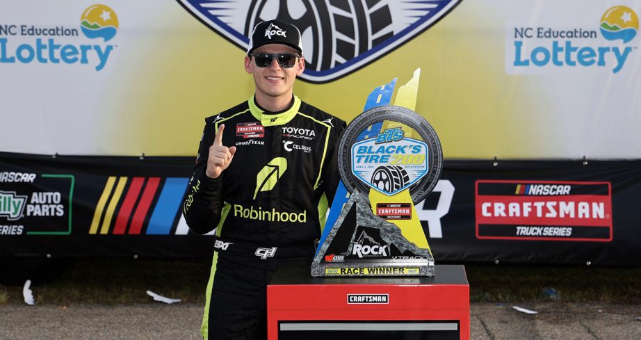 Corey Heim in Victory Lane after winning a Truck Series race at Rockingham.