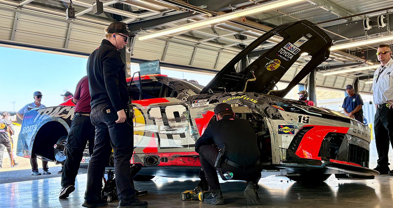 A look at the No. 19 Joe Gibbs Racing Toyota in the garage after a wreck at Phoenix Raceway.