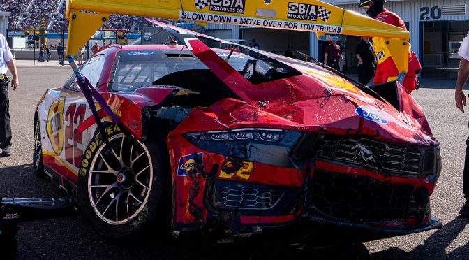 Featured image for Polesitter Joey Logano wrecks at Phoenix after contact with Allmendinger