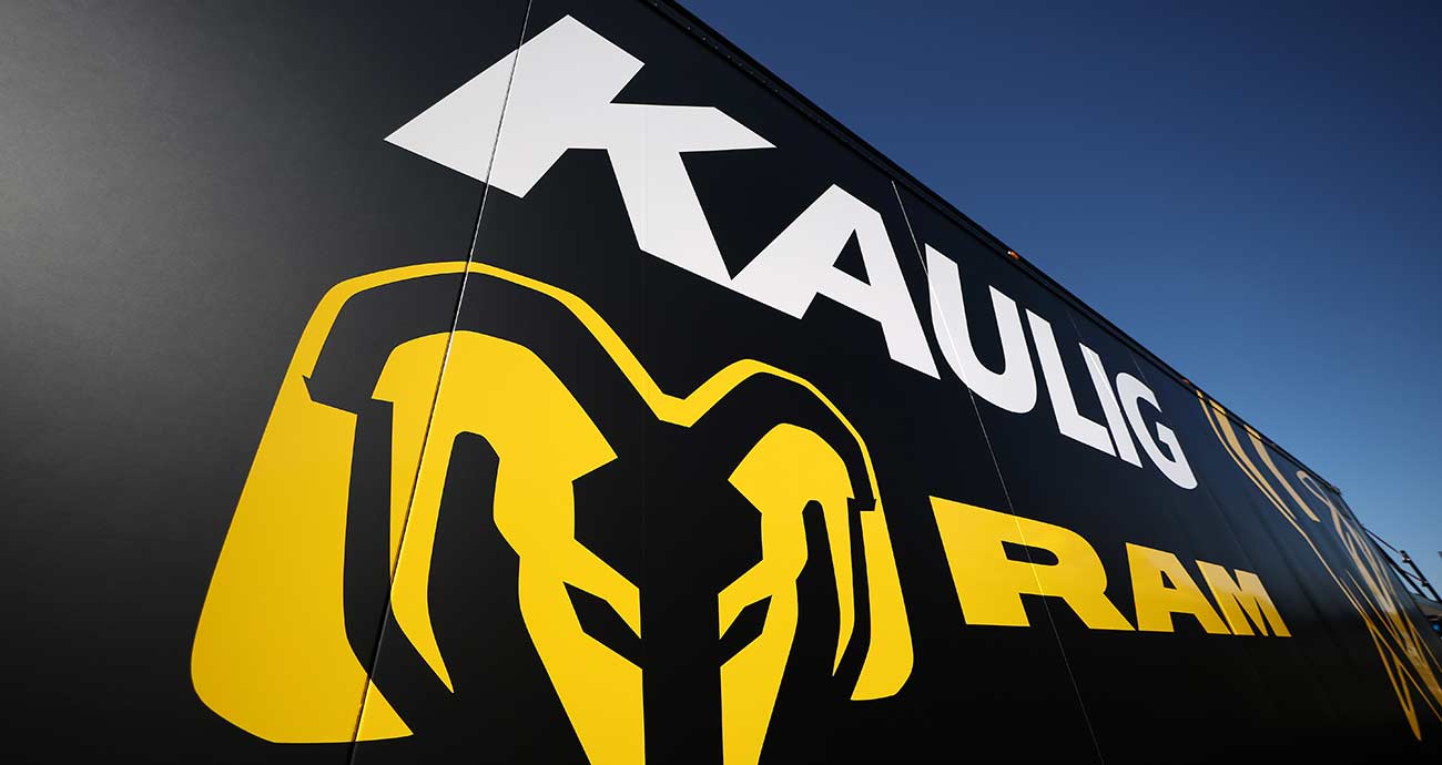 The logos of Kaulig Racing and Ram Trucks on the hauler during season-opening weekend at Daytona.