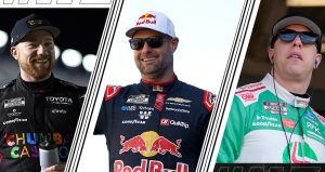 A split image depicting Tyler Reddick (L), Shane van Gisbergen (C) and Brad Keselowski (R).