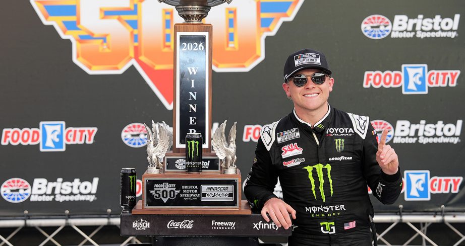 y Gibbs, driver of the #54 Monster Energy Toyota, celebrates in victory lane after winning the NASCAR Cup Series Food City 500 at Bristol Motor Speedway