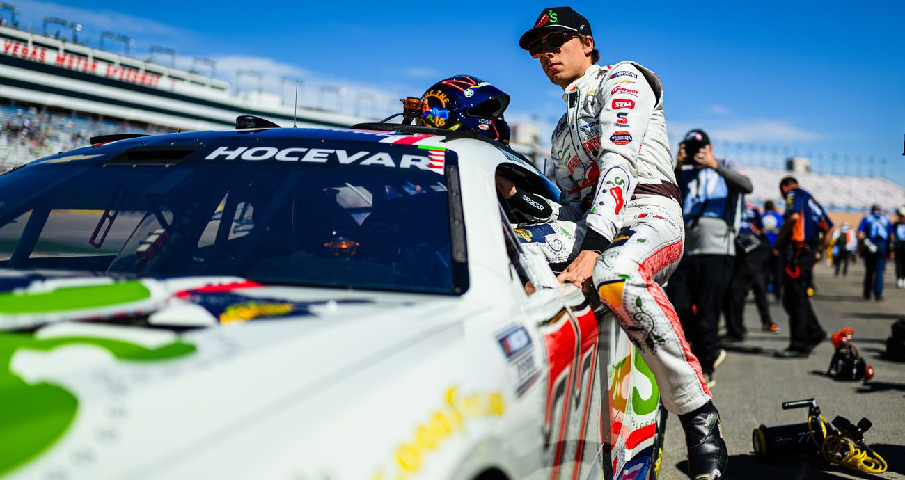Carson Hocevar climbs into his NASCAR Cup Series car at Las Vegas.