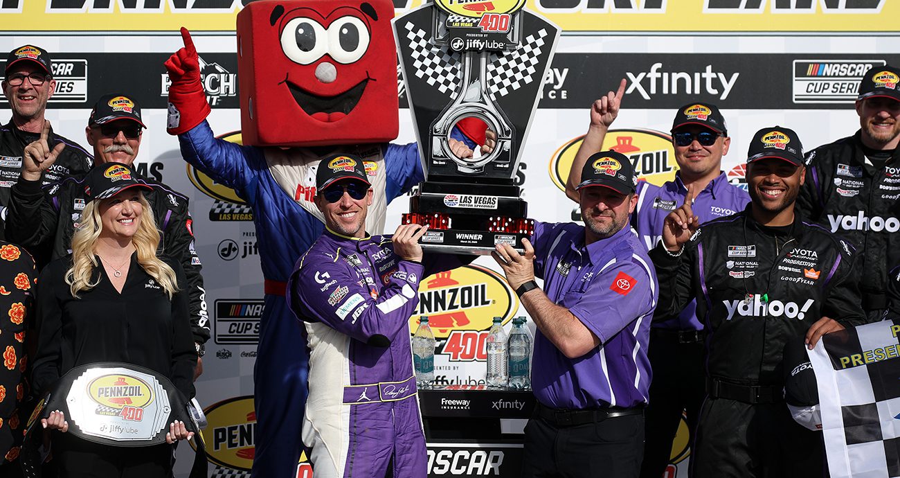 Denny shines! Hamlin overcomes speeding penalty en route to Las Vegas win