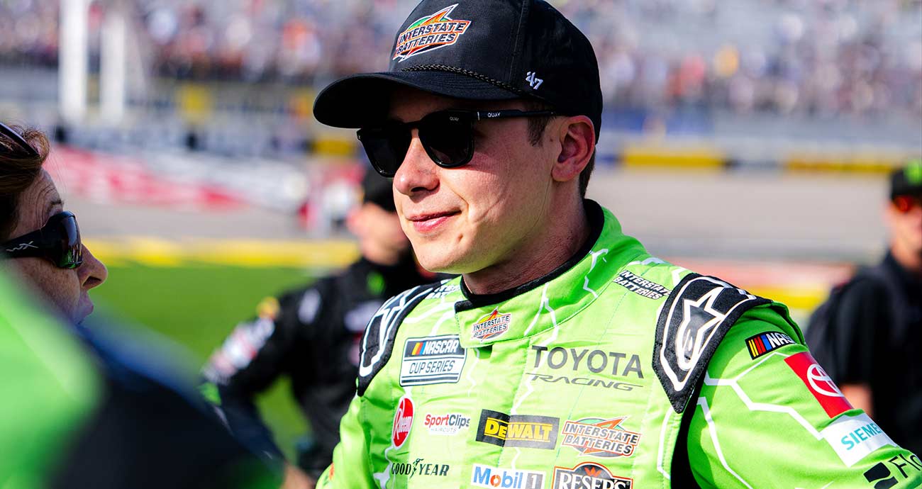 Christopher Bell looks on during post-race interviews at Las Vegas Motor Speedway