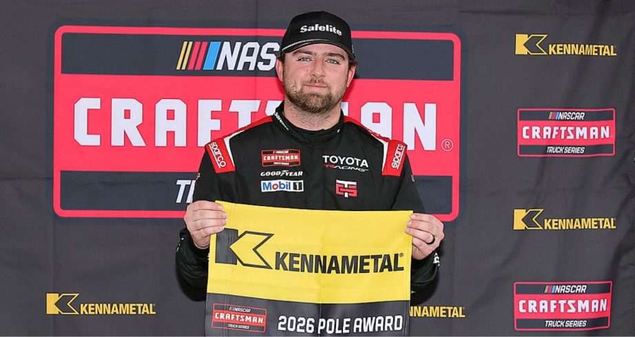 Kaden Honeycutt celebrates after winning the pole at Darlington.