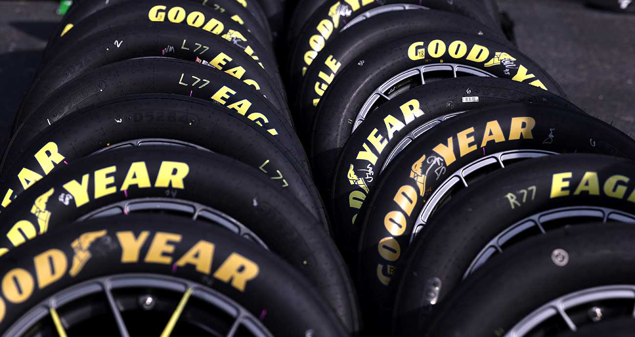 Stacks of Goodyear tires sit ready for Cup Series practice at Darlington Raceway