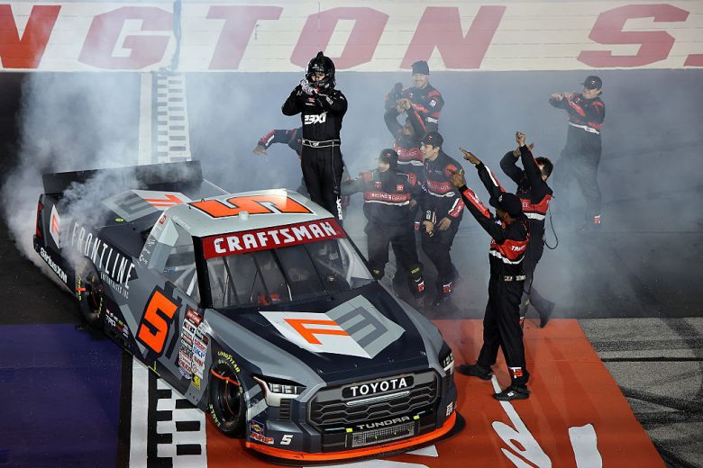 Corey Heim celebrates after winning at Darlington.