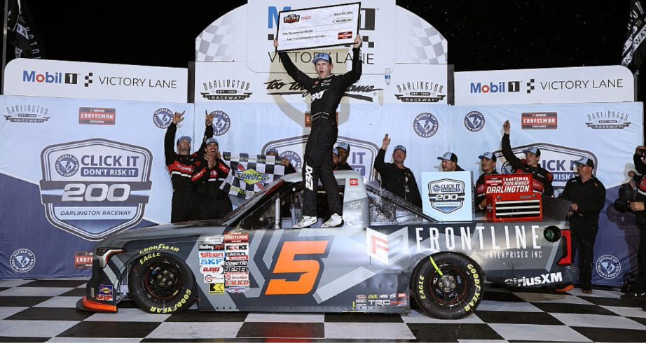 Corey Heim celebrates in Victory Lane at Darlington.