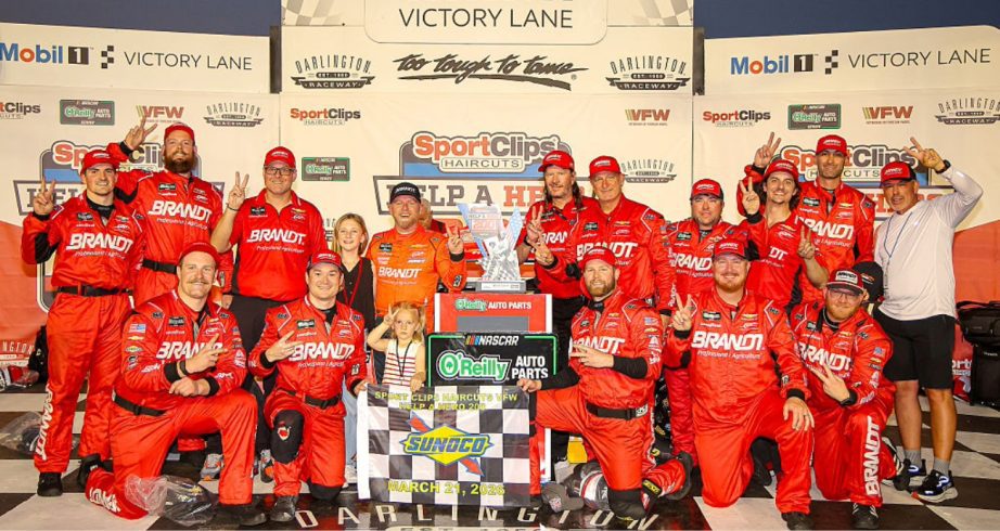 Justin Allgaier celebrates in Victory Lane at Darlington.